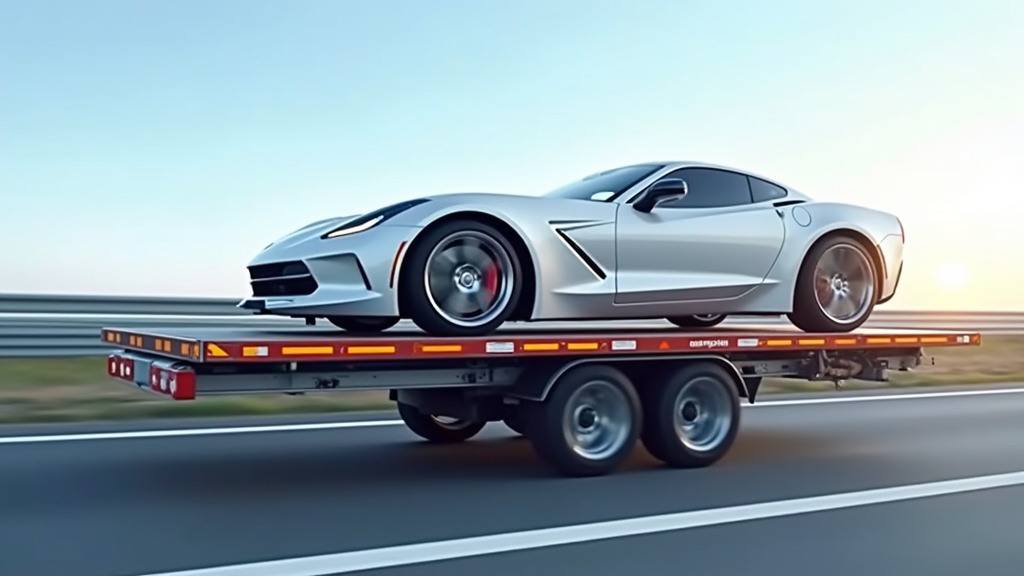 Camion plateau transportant une voiture allemande sur autoroute