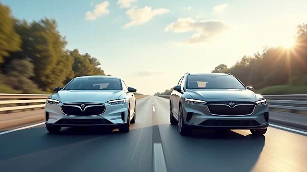 Comparaison visuelle entre une voiture électrique et une voiture thermique sur une route moderne