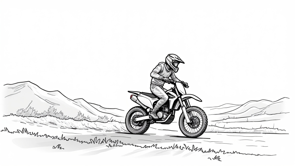 Dessin de moto de cross à colorier dans un décor naturel avec pneus crantés