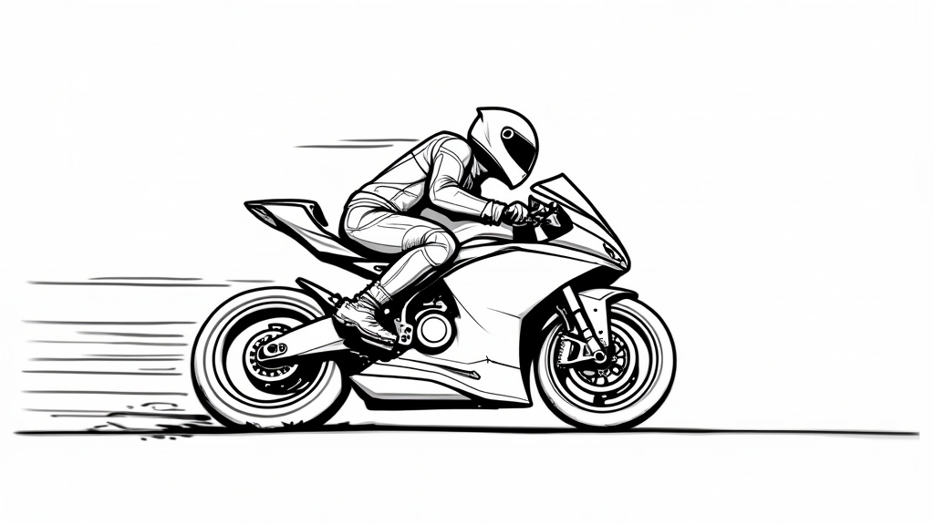Dessin de moto de sport à colorier avec des lignes dynamiques et aérodynamiques