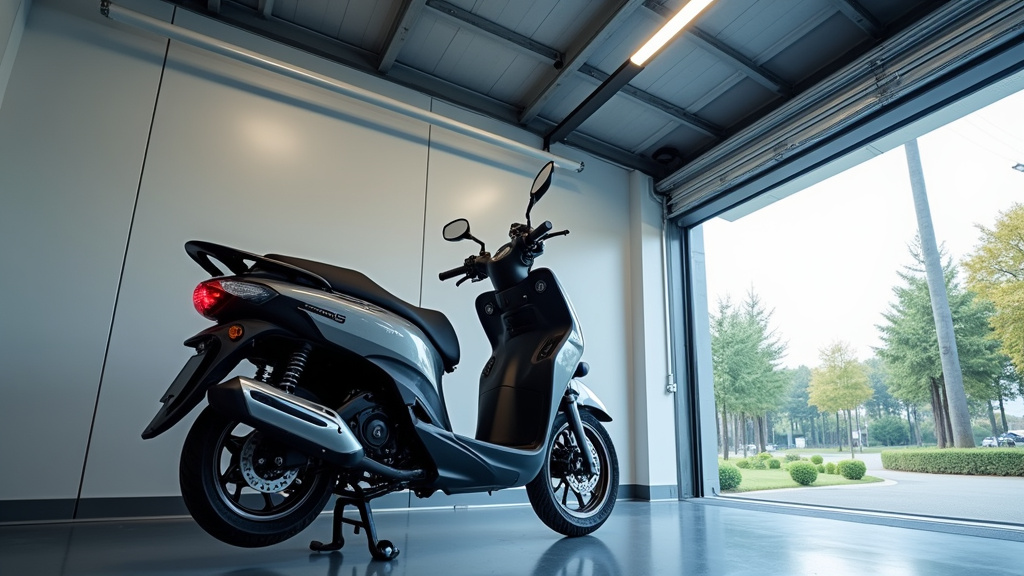 Détail de l’intérieur d’un abri moto avec système d’aération latéral et moto bien rangée