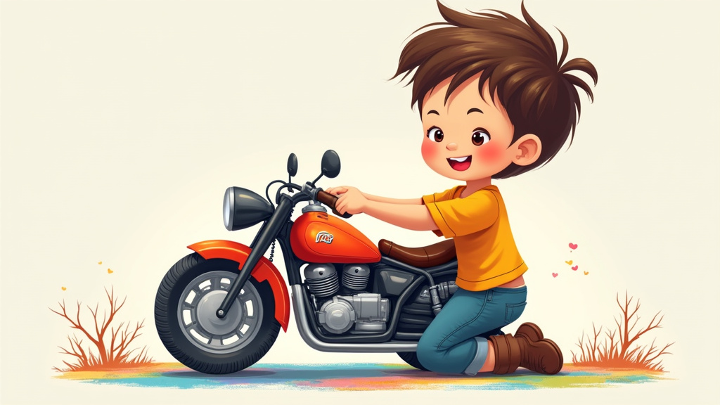Enfant dessinant une moto à main levée avec des crayons de couleur
