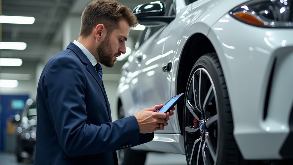 Expert automobile inspectant une voiture allemande sous le capot et autour de la carrosserie