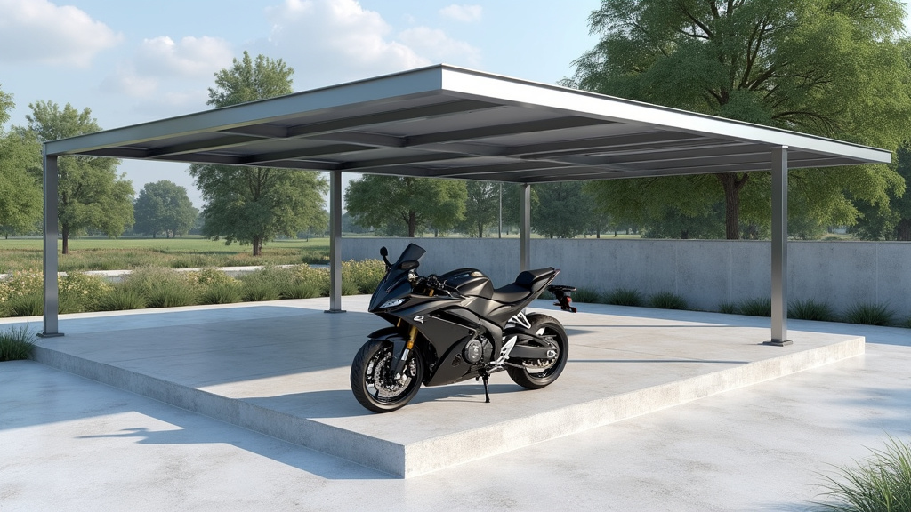 Installation d’un abri moto rigide en métal sur une dalle béton avec fixation au sol