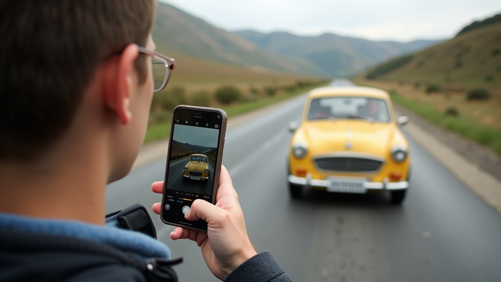 Personne utilisant son téléphone pour filmer une voiture ancienne moche lors d