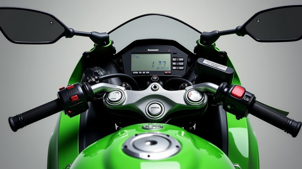 Poste de pilotage de la Kawasaki GPZ900R, montrant le compteur, le guidon et les commandes