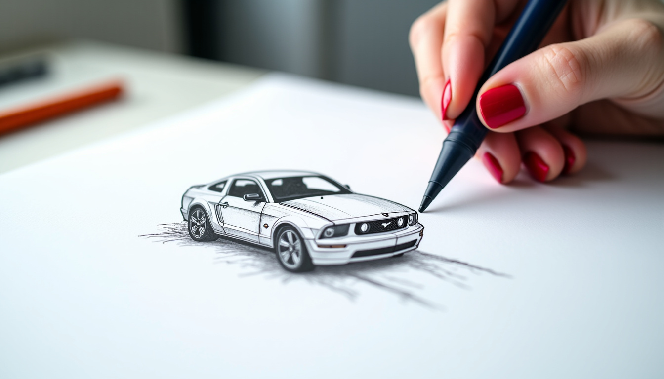 Artiste professionnel dessinant une voiture au crayon sur une planche à dessin