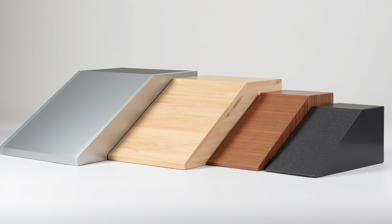 Comparaison visuelle des matériaux de rampes pour chien: plastique, aluminium, bois et composite, avec textures antidérapantes