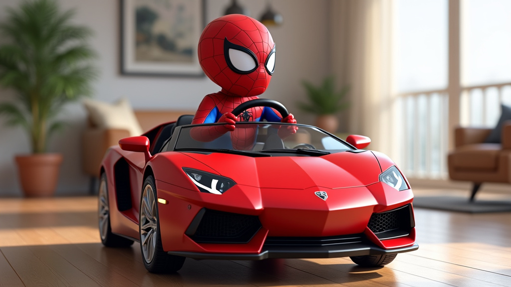 Enfant jouant avec une voiture Spiderman dans un salon