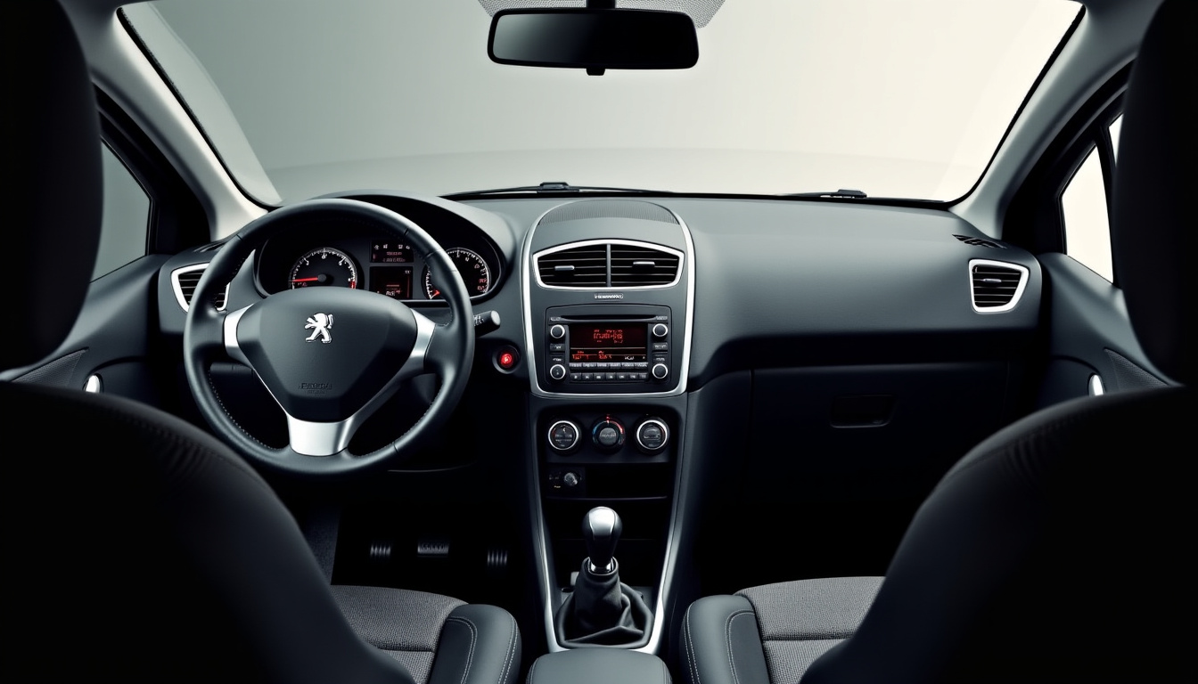 Intérieur de la Peugeot 207 automatique, montrant le levier de vitesses et le tableau de bord