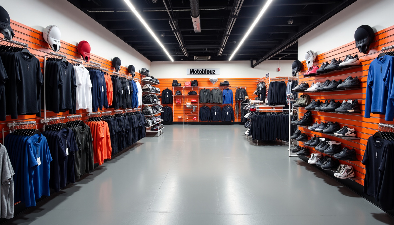 Intérieur du magasin Motoblouz à Carvin, montrant les rayons équipements et accessoires