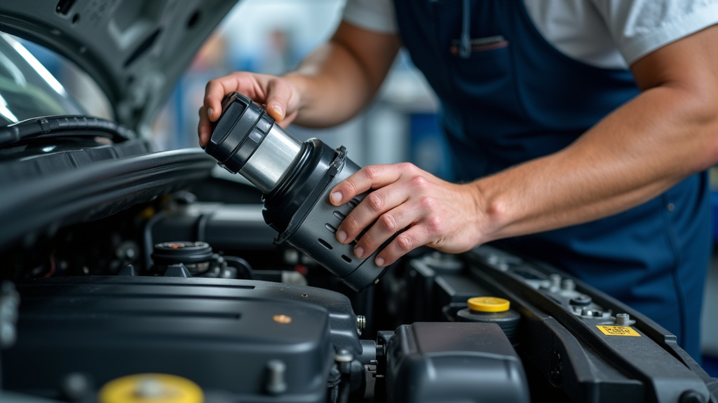 Mécanicien en train de remplacer un filtre à huile sur un moteur de voiture