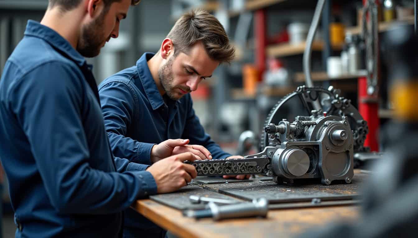 Montage d’un kit chaîne moto en atelier par un mécanicien professionnel