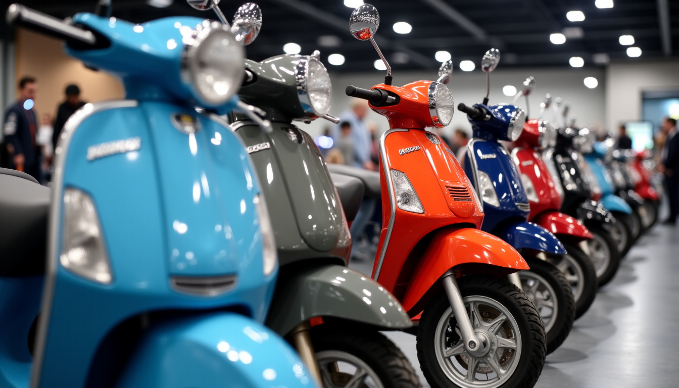 Moto 50cc neuve exposée dans un salon, avec différents modèles alignés et éclairage professionnel