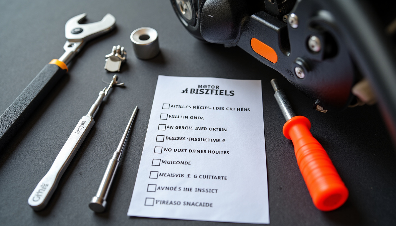 Moto sur béquille avec outils et checklist de vérification: pneus, freins, feux et rétroviseurs inspectés