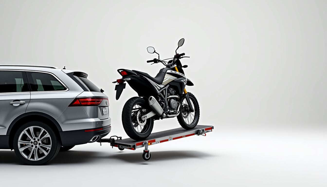 Remorque porte-motos simple avec une moto chargée sur une plateforme inclinée