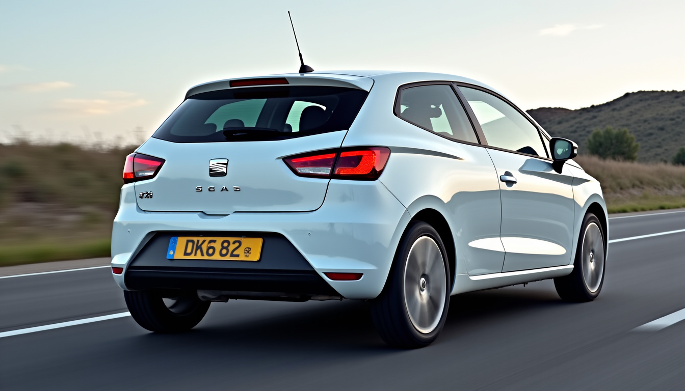 Seat Ibiza en conduite sur une route secondaire, vue extérieure montrant le design dynamique du véhicule