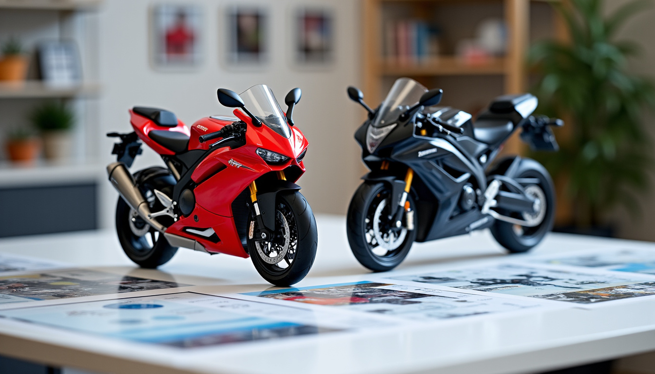Tableau comparatif physique de motos 50cc posé sur une table, avec des fiches techniques et des photos