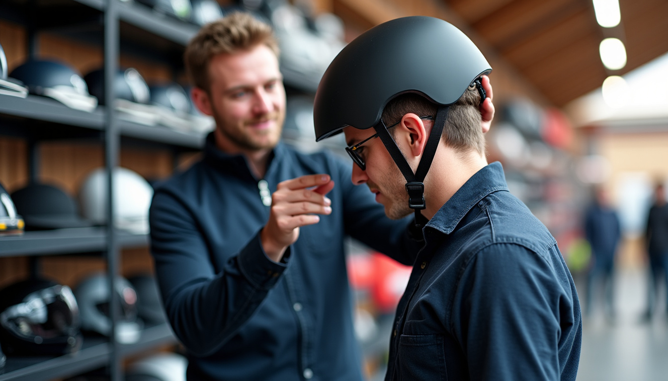 Un conseiller du magasin Motoblouz à Carvin aidant un client à essayer un casque