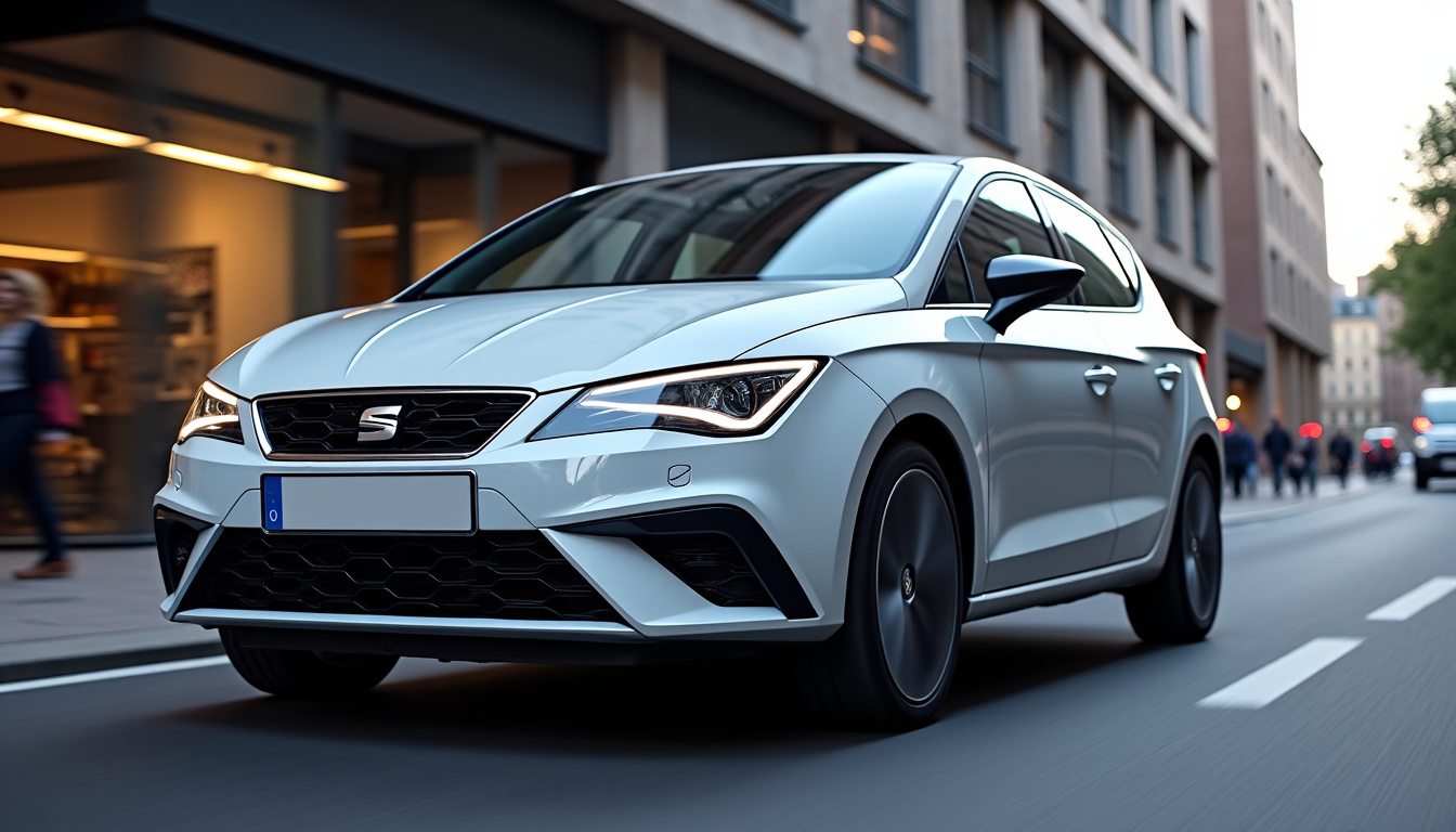Vue extérieure de la Seat Ibiza 2026 sur fond urbain, montrant le design dynamique et les feux LED