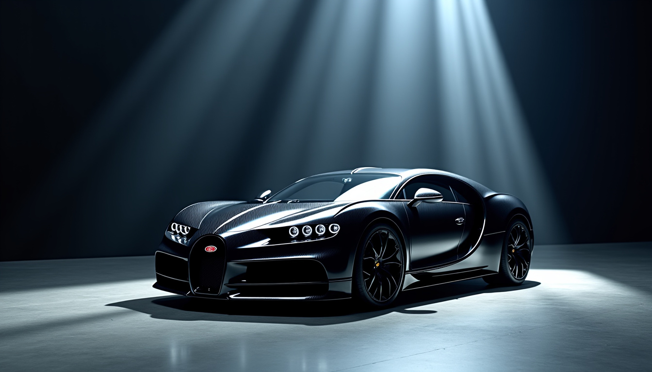 Bugatti La Voiture Noire exposée sous les projecteurs lors du Salon de Genève 2019