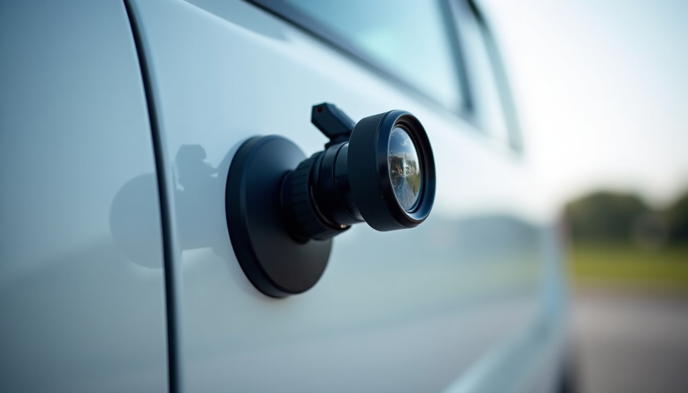 Caméra embarquée fixée sur le pare-brise avec un support ventouse, vue du poste de conduite