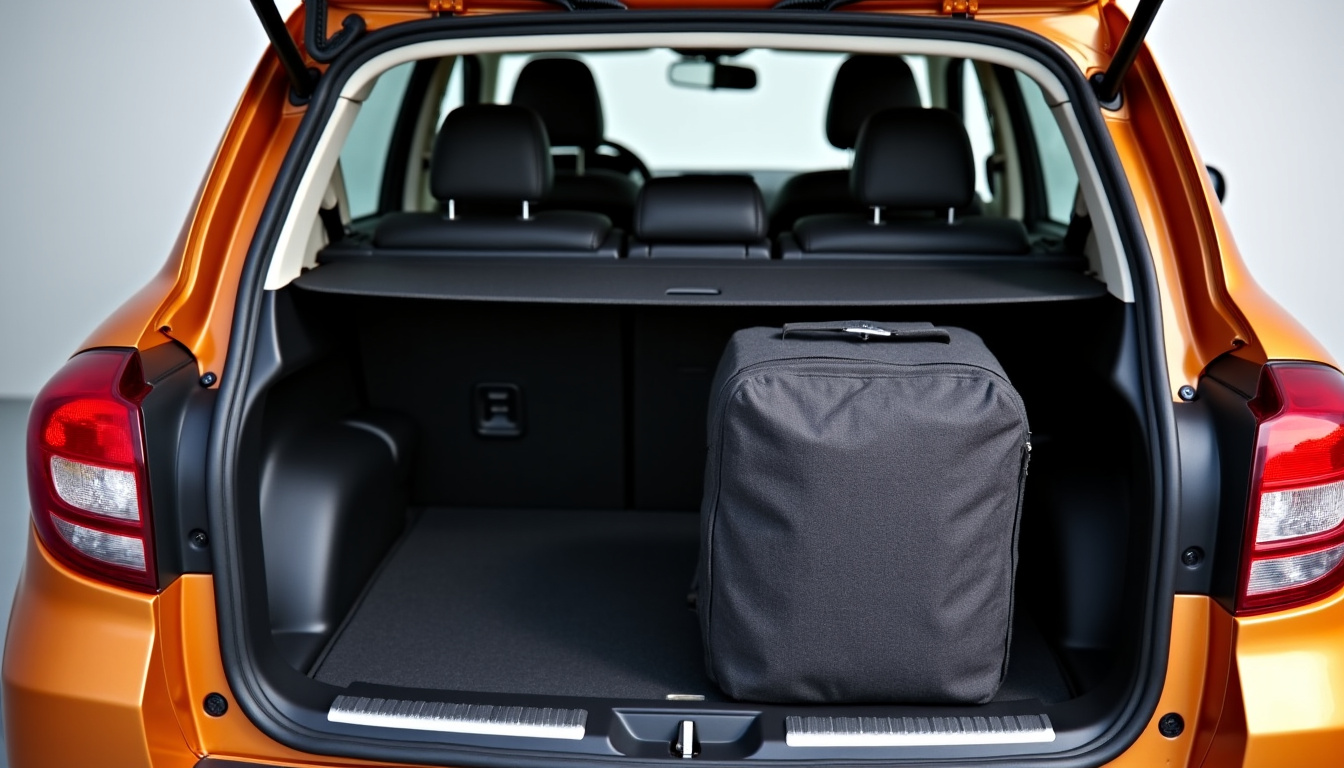 Coffre de la Renault Kwid ouvert, avec sièges arrière rabattus, volume de 1100 litres, présentant un sac de courses et une poussette pliable