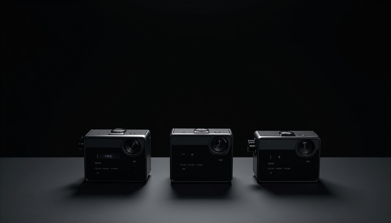 Disposition de trois modèles de caméras embarquées modernes sur un fond noir, avec écrans allumés