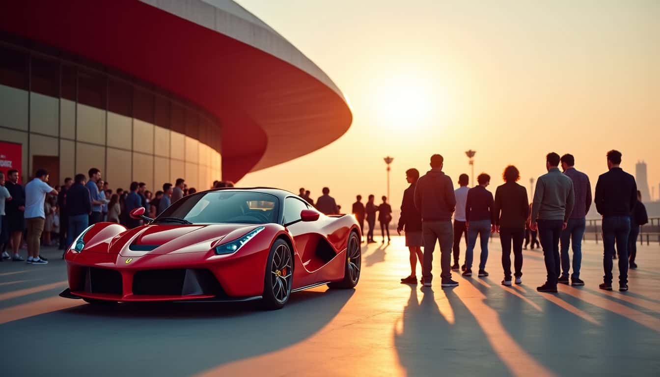 Groupe de visiteurs attendant patiemment devant une attraction de Ferrari World Abu Dhabi
