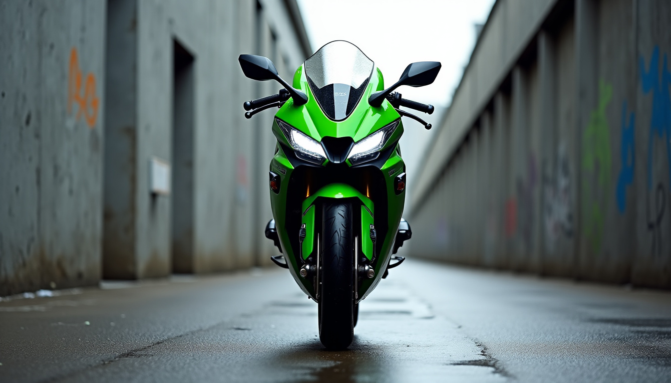 Kawasaki Ninja Z H2 2026 vue de face dans un décor urbain industriel