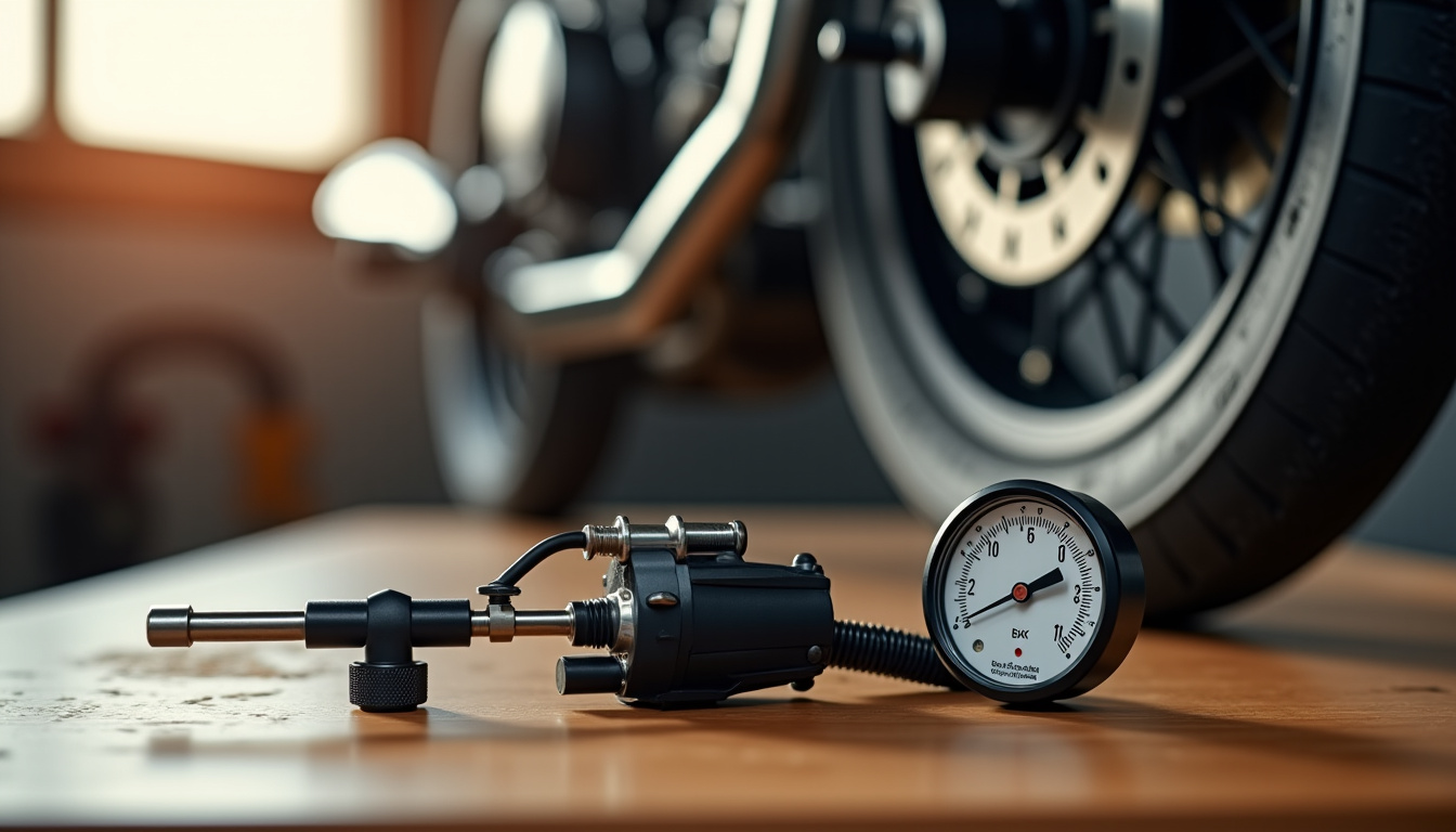 Outils de gonflage pour pneus moto: compresseur portable, manomètre et pompe manuelle disposés sur un plan de travail