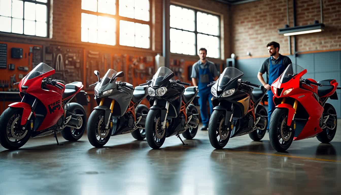 Photographie d’un atelier de mécanique avec plusieurs motos représentatives des marques comparées dans le tableau