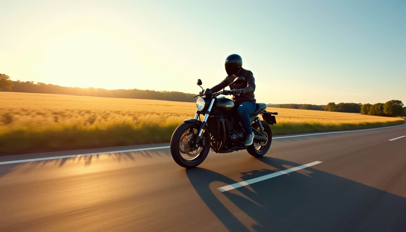 Photographie d’un motocycliste en train d’essayer une moto sur une route de campagne ensoleillée