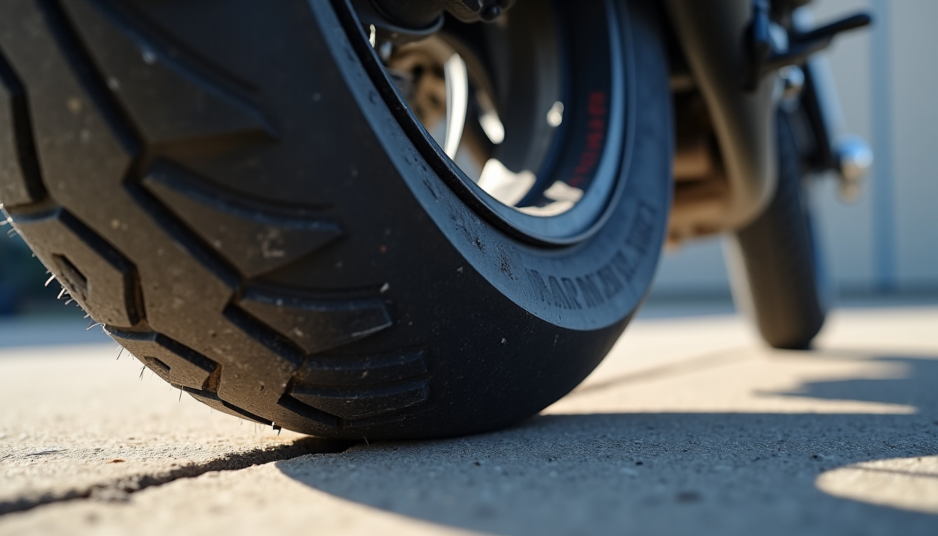 Pneu moto sous-gonflé montrant une usure excessive sur les bords et une déformation du flanc