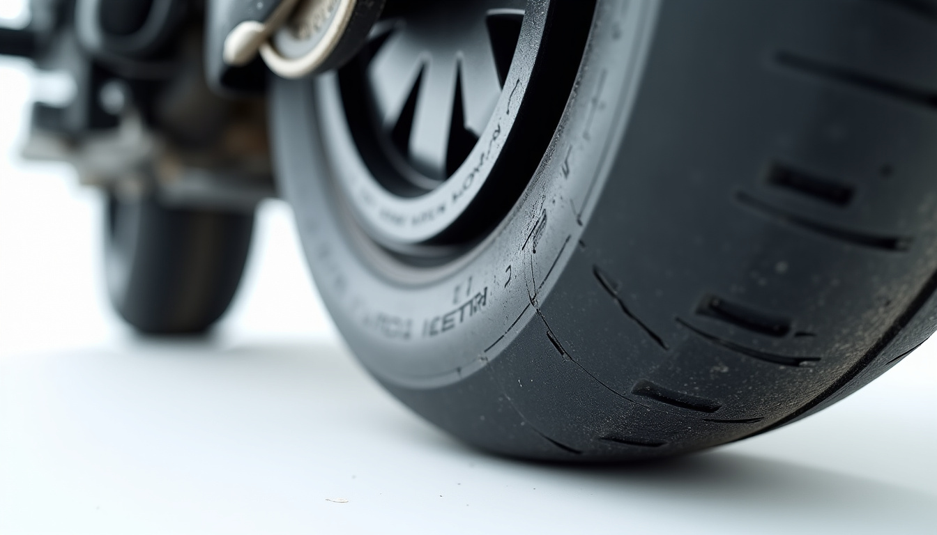 Pneu moto surgonflé avec bande de roulement centrée en contact, flancs bombés et risque de craquelure visible