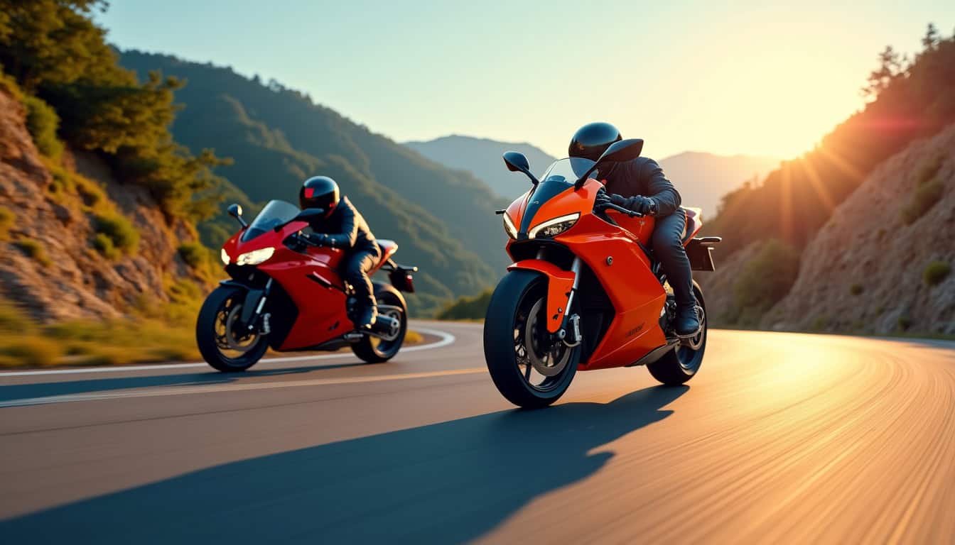 Présentation comparative de motos KTM et Ducati en situation de conduite sportive sur route sinueuse