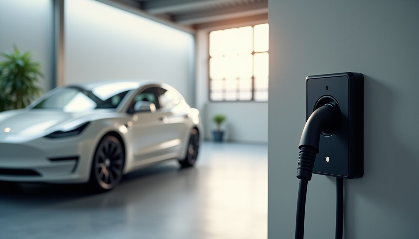 Prise renforcée installée dans un garage intérieur pour une voiture électrique