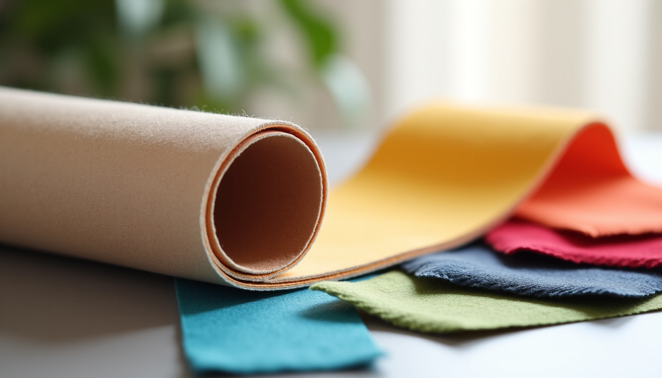 Rouleau de tissu Alcantara posé sur une table avec des échantillons de couleur