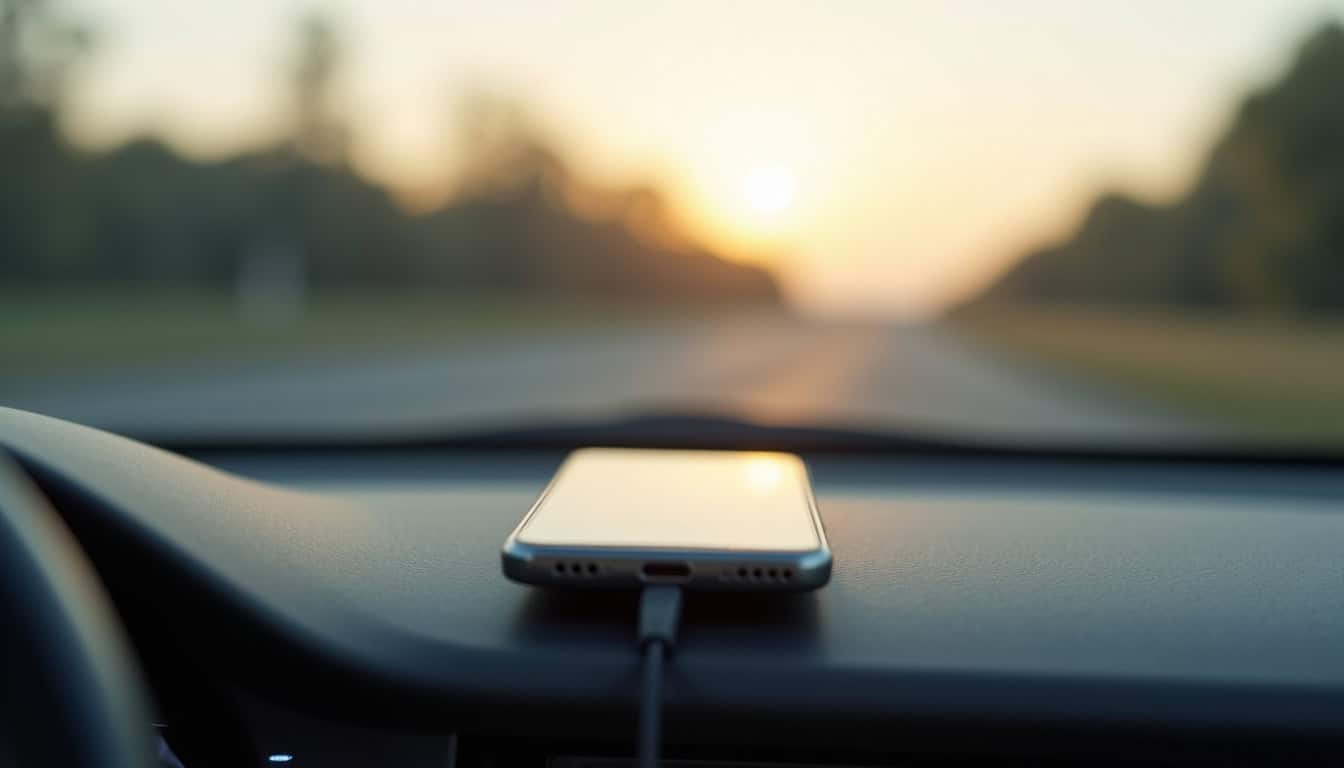 Smartphone posé sur le tableau de bord d