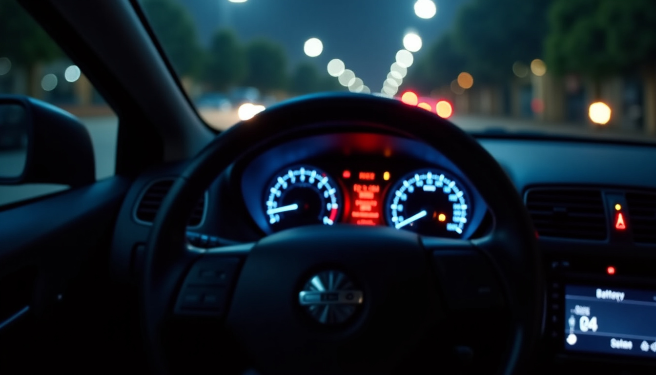 Tableau de bord d’une voiture avec voyant batterie allumé