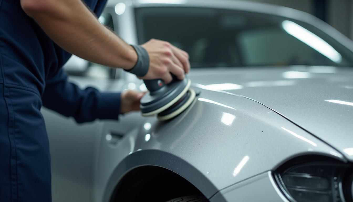 Technicien en train de poncer la carrosserie d