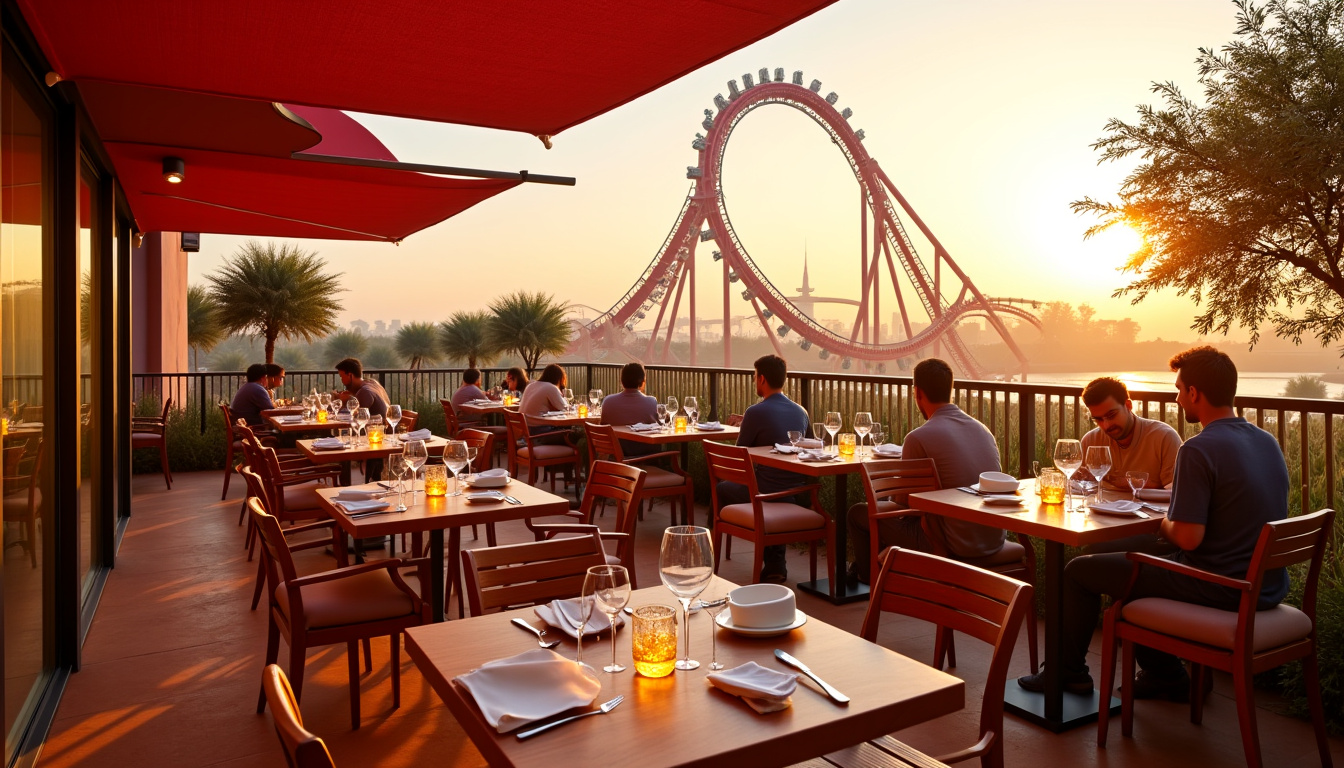 Terrasse de restaurant à Ferrari World Abu Dhabi avec vue sur les montagnes russes, tables en bois, décor élégant et clients savourant des plats italiens