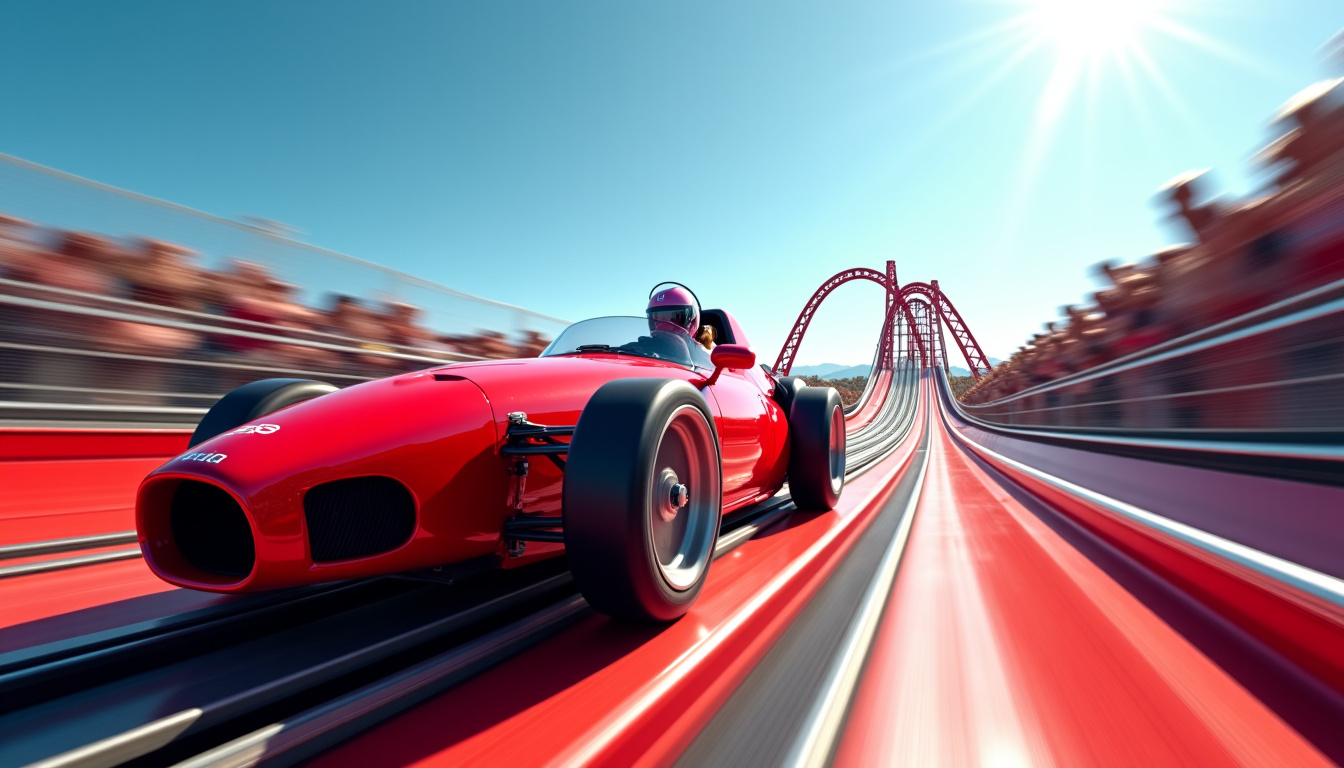 Train de Formula Rossa en pleine accélération sur la rampe de lancement, avec un fond de ciel bleu et des spectateurs en arrière-plan