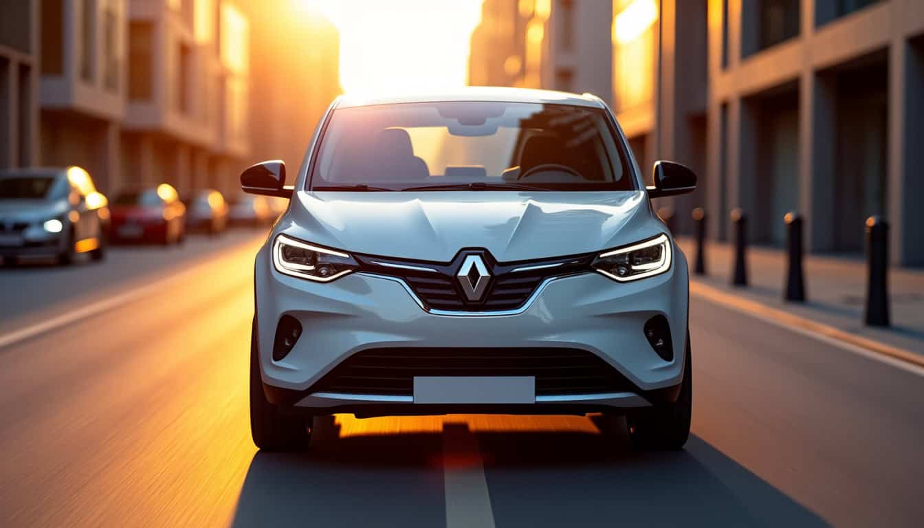 Vue de face et de trois quarts du Renault Scénic E-Tech électrique sur fond urbain, montrant ses lignes fluides et ses feux LED