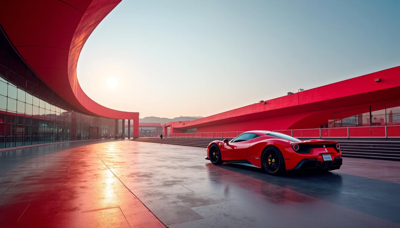 Vue extérieure de Ferrari World Abu Dhabi avec le toit rouge et les files d