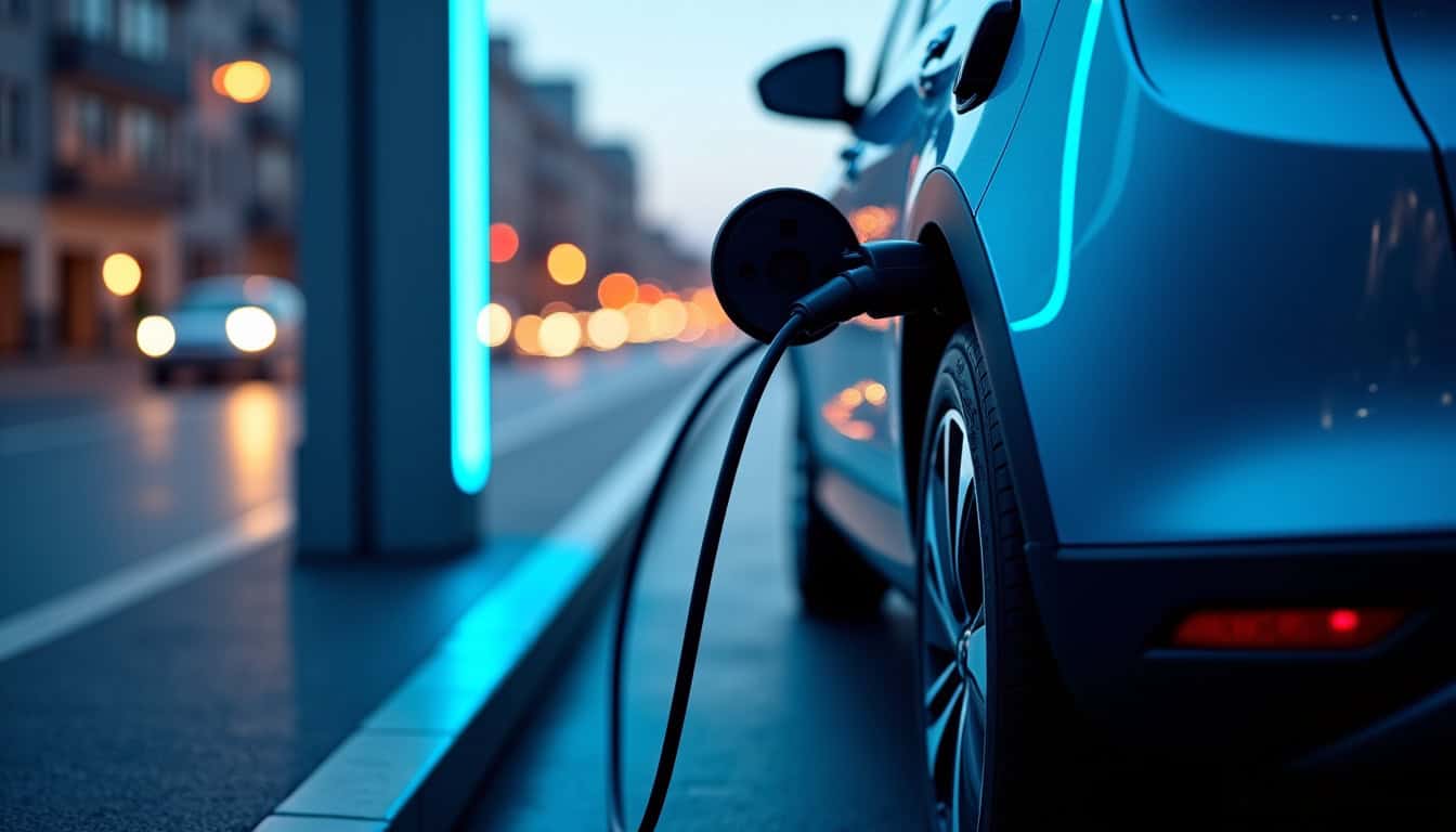 Vue technique de la batterie du Renault Scénic E-Tech électrique en cours de recharge sur une borne publique rapide