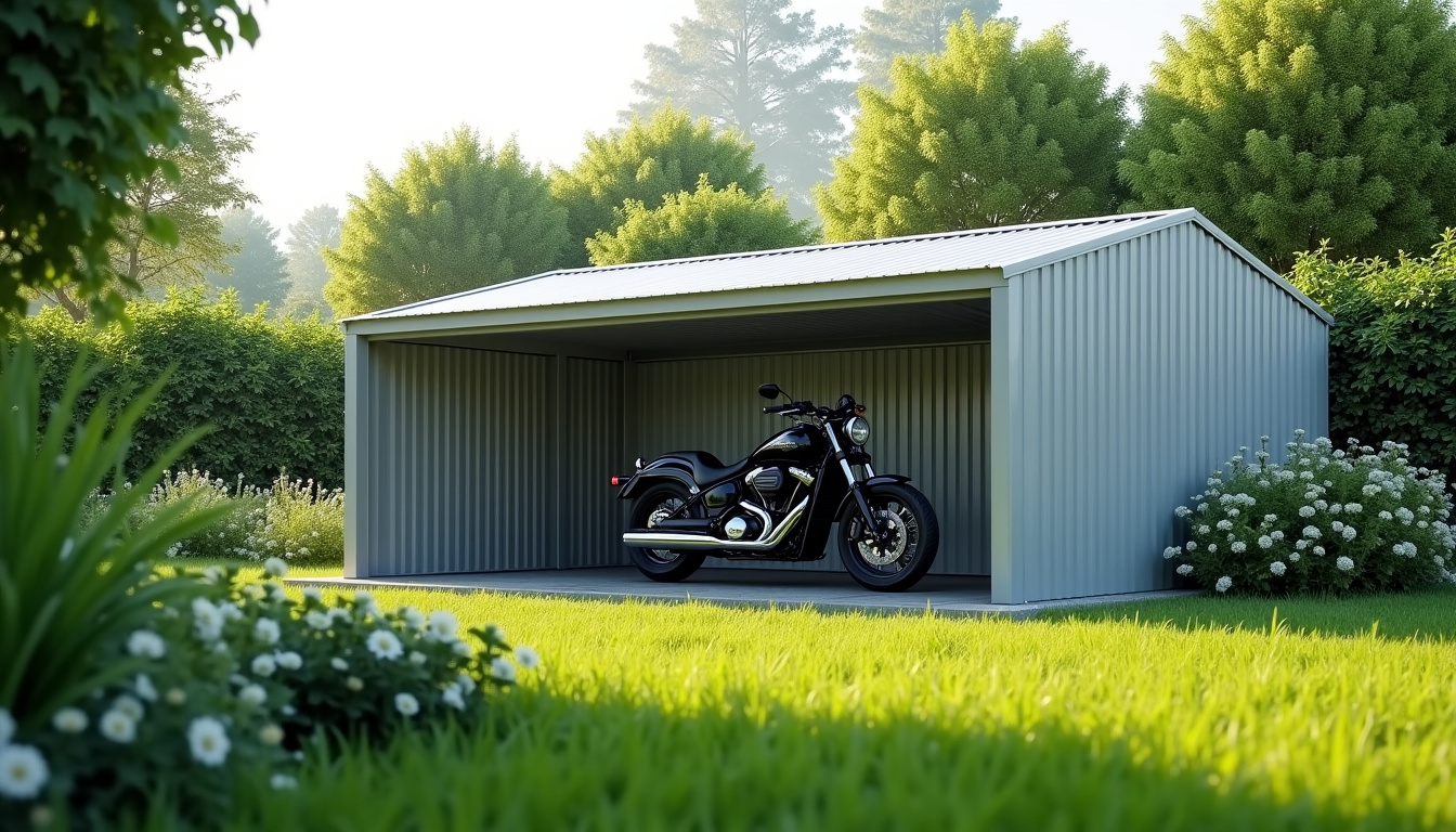 Abris moto fermé en métal installé dans un jardin