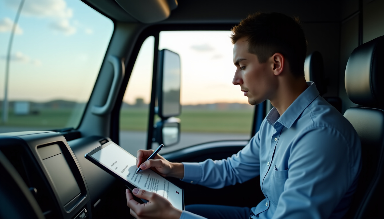 Chauffeur de camion utilisant une tablette pour signer électroniquement un document de transport