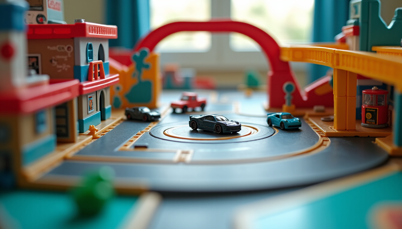 Circuit de voitures miniatures monté avec différents accessoires et niveaux sur tapis de jeu