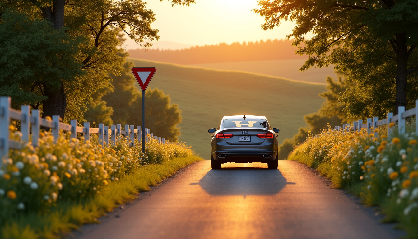 Conducteur respectant les panneaux de signalisation sur une route de campagne